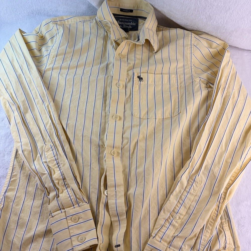 Abercrombie & Fitch Muscle Fit Striped Button Down Shirt Yellow Med Preppy Logo